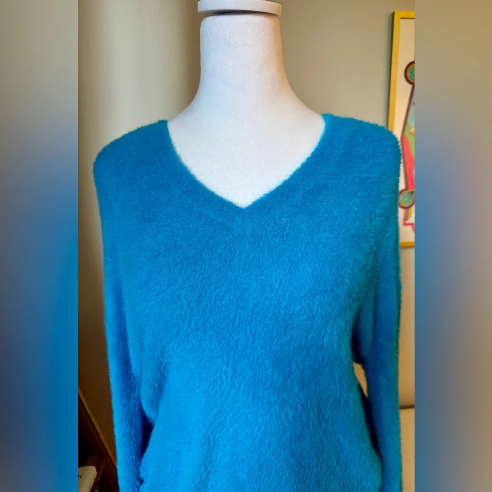 Halogen Bright Teal Fuzzy Crew Neck Sweater - Picture 3 of 5